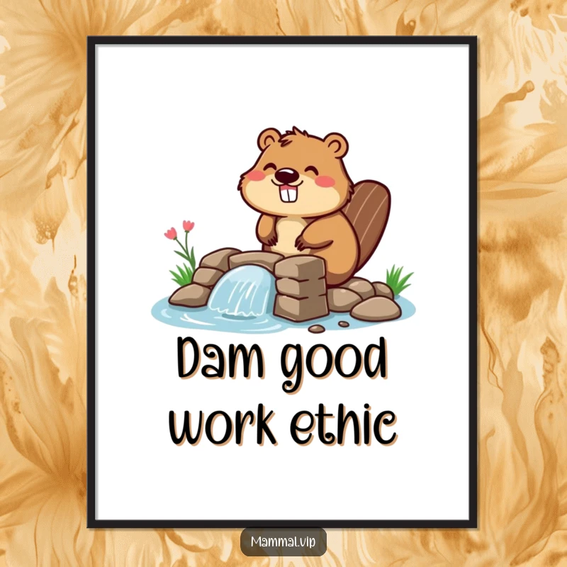 Funny Free Printable Wall Art: Happy beaver character enthusiastically building a small dam, perfect for home decor.