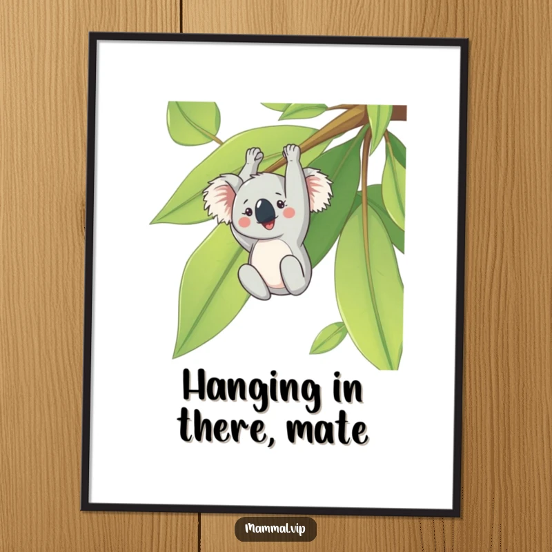Funny Free Printable Wall Art, featuring a cheerful koala character hanging comfortably upside down from a massive green eucalyptus leaf.