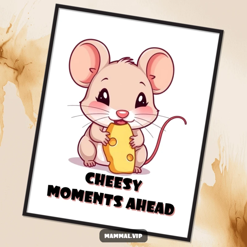 Funny Free Printable Wall Art: A charming mouse character savoring every bite of a delicious piece of cheese.