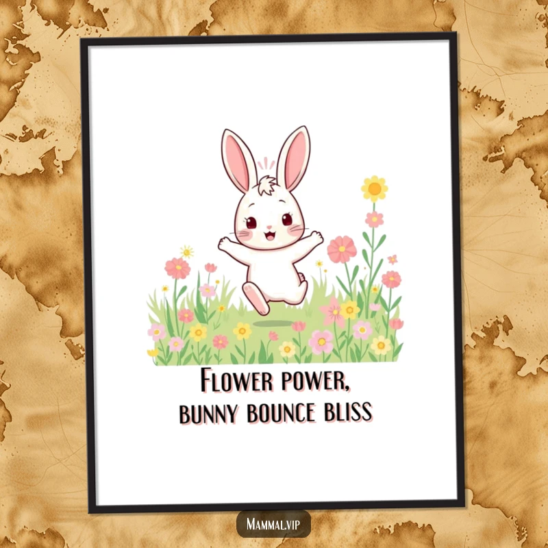 Funny Free Printable Wall Art: A bouncy rabbit character enthusiastically hopping in a field of flowers, vibrant and cheerful.