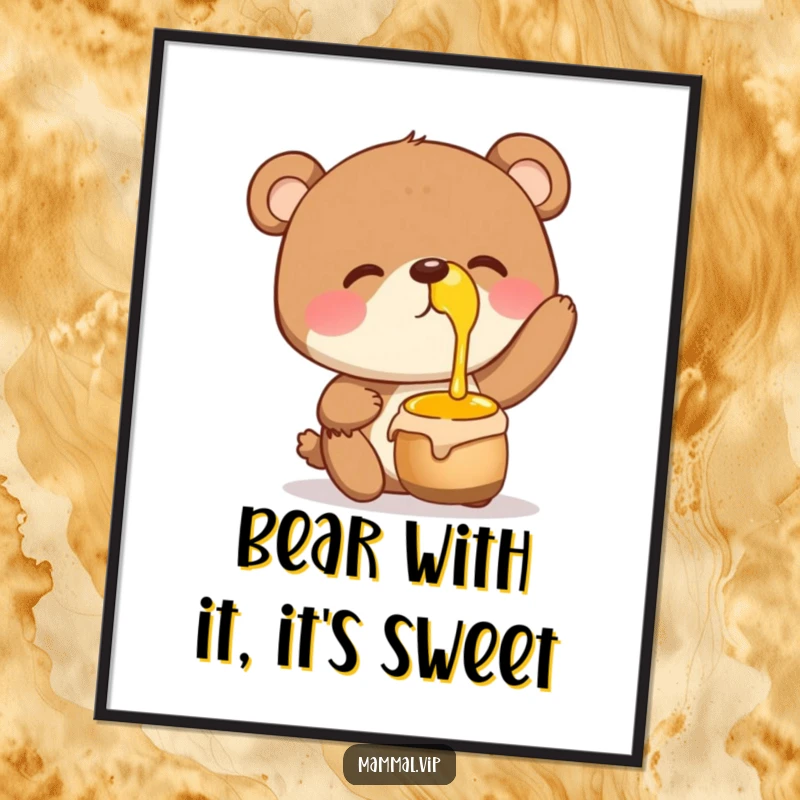 Funny Free Printable Wall Art: Giggling bear precariously balancing a pot of honey on its nose.