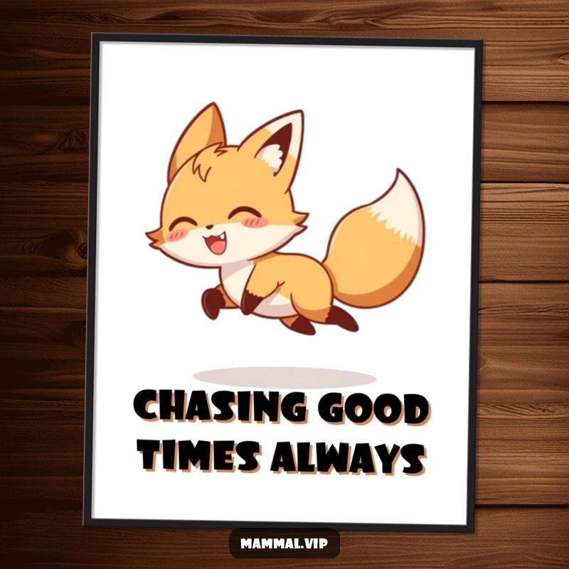 Funny free printable wall art of a playful fox character gleefully chasing its own tail, whimsical animal cartoon.