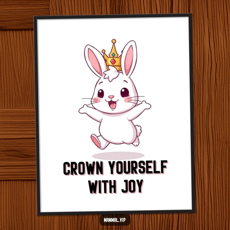 Funny Free Printable Wall Art: A cheerful rabbit wearing a crown hops with great enthusiasm, creating a vibrant, happy scene. Downloadable.
