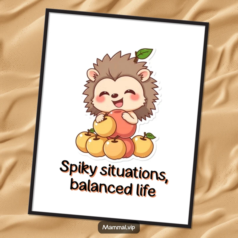 Funny Free Printable Wall Art: A grinning hedgehog heroically balancing a precarious stack of apples, a whimsical study in effort.