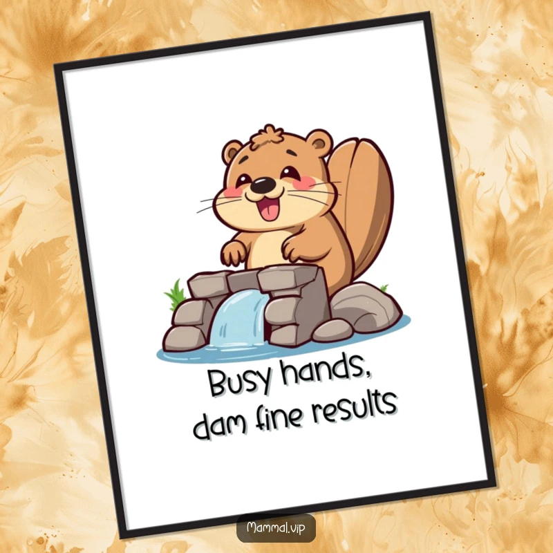 Funny Free Printable Wall Art: A happy beaver character enthusiastically building a large, impressive dam, celebrating creation and effort.