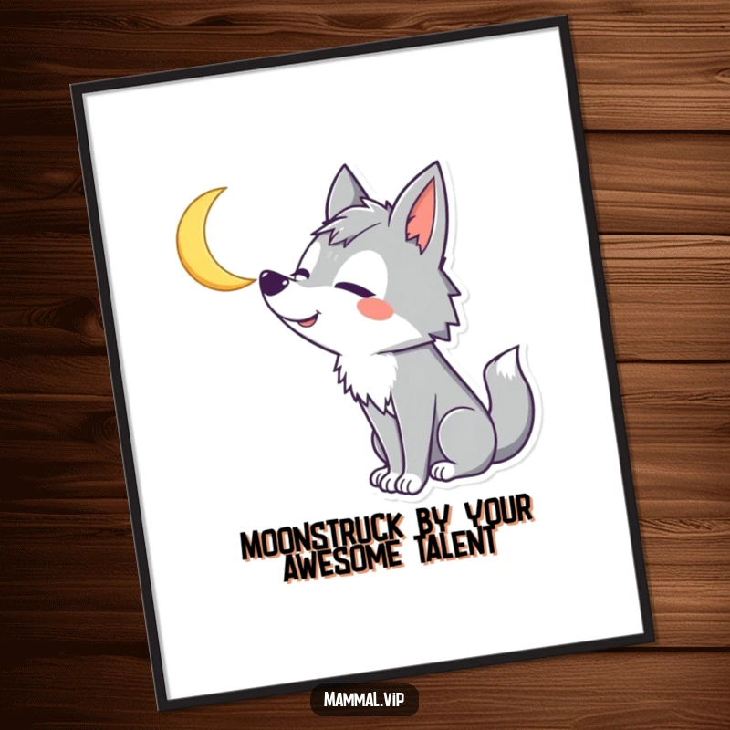 Funny free printable wall art of a silly wolf howling at a crescent moon with a goofy, wide smile.