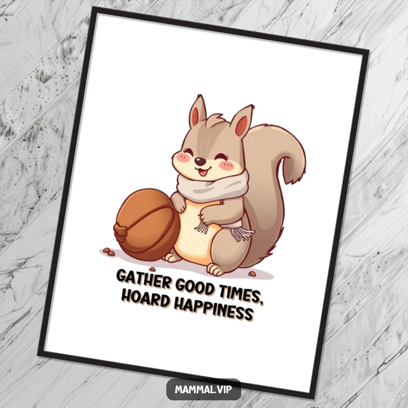 Funny Free Printable Wall Art: A happy squirrel wearing a tiny scarf buries a large nut, creating a charming, humorous scene. Downloadable.