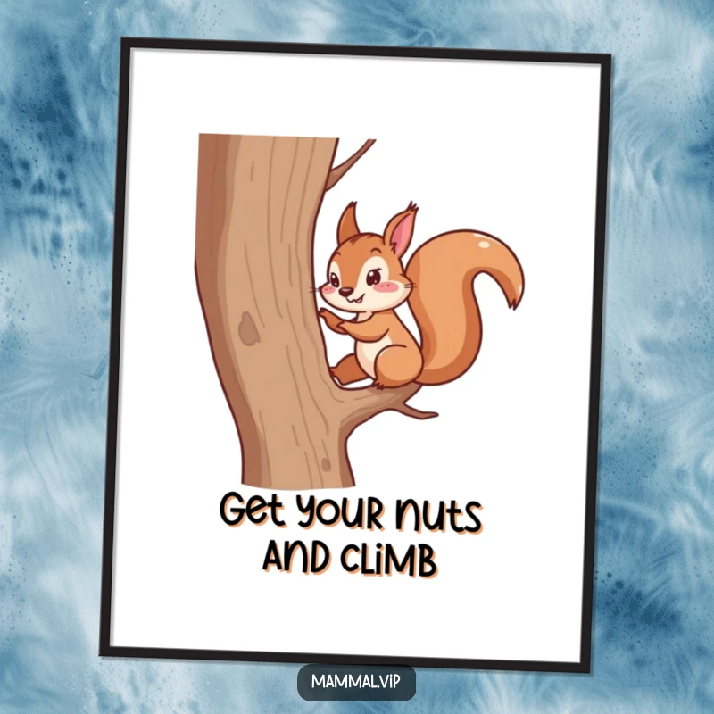 Funny Free Printable Wall Art: An active squirrel character energetically scampering up a tall tree, bringing nature indoors.