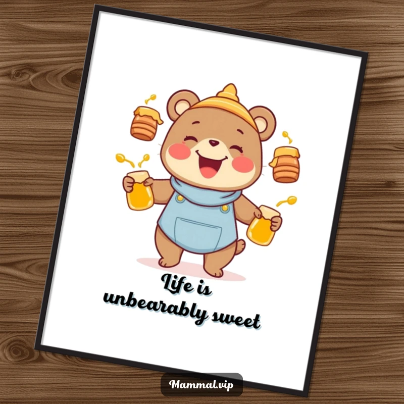 Funny free printable wall art of a joyful bear character energetically juggling honey pots, cute and funny animal art.
