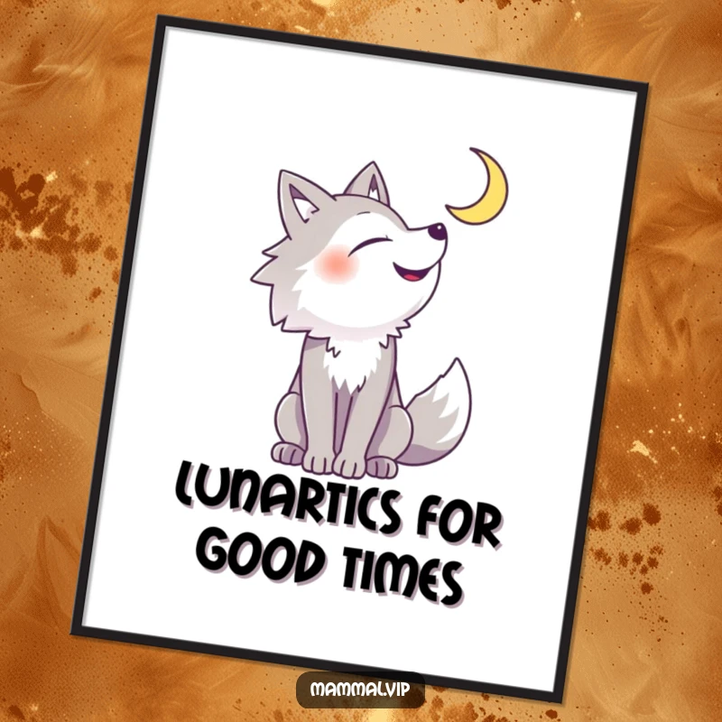 Funny Free Printable Wall Art: Cheerful wolf character howling gleefully at a bright crescent moon, a joyful and quirky piece.