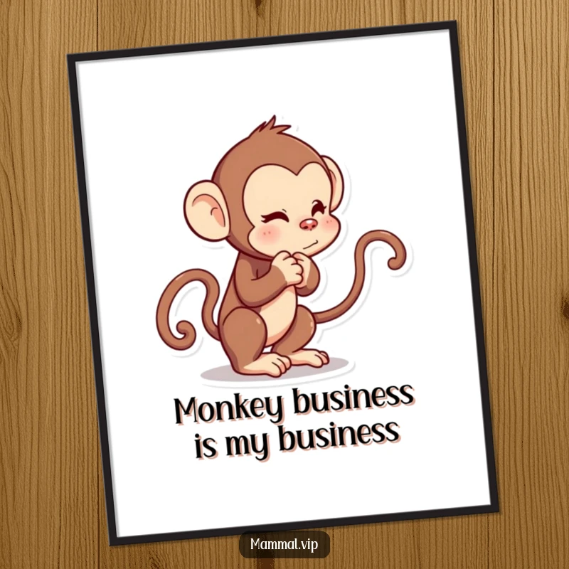 Funny free printable wall art: a curious monkey is caught in a playful moment tugging its own tail.