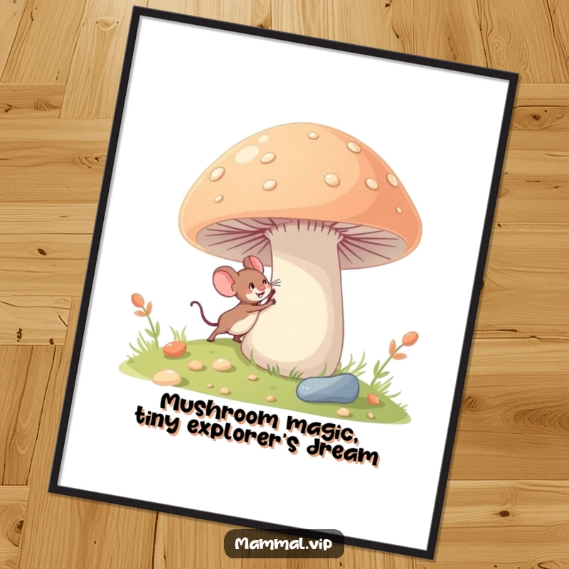 Funny Free Printable Wall Art: A tiny mouse character excitedly exploring a giant mushroom, detailed and enchanting.
