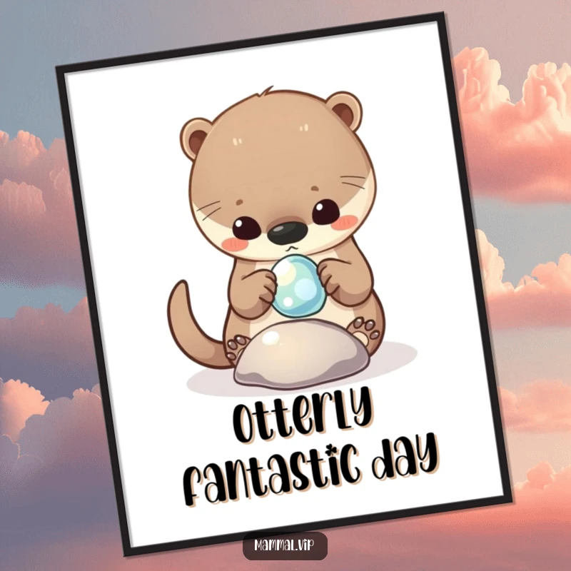 Funny Free Printable Wall Art: Curious otter floating and playing with a shiny, sparkling pebble.