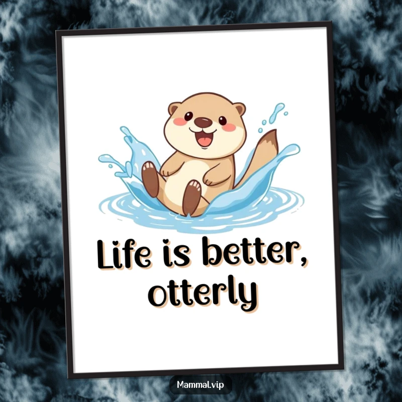 Funny Free Printable Wall Art of a happy otter character gleefully sliding down a dynamic water splash, capturing pure aquatic fun.