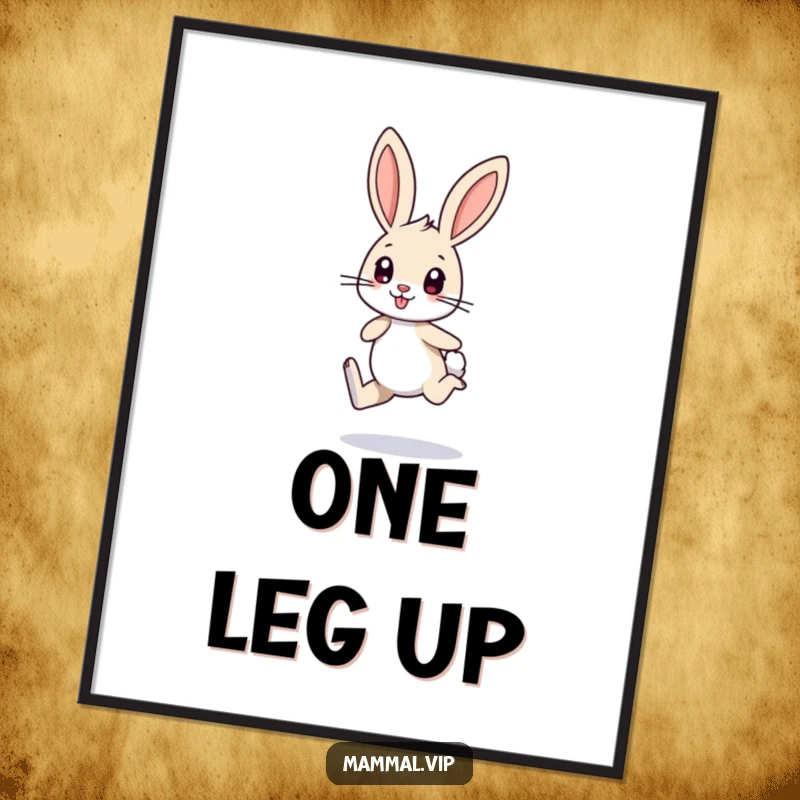Playful Free Printable Wall Art: A small bunny character with long ears excitedly hops on one leg with pure delight.
