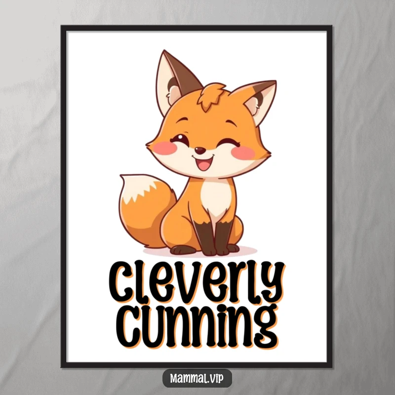 Playful Free Printable Wall Art: A cute fox character with a wide grin enthusiastically wiggles its bushy tail with joy.