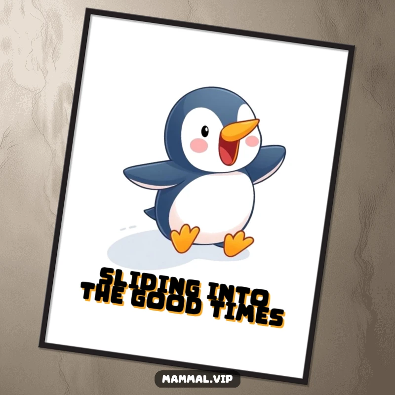 Funny Free Printable Wall Art: Playful penguin character excitedly waddling down a snowy slope, bringing winter fun.