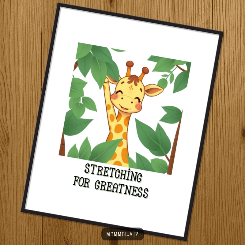 Funny free printable wall art: Joyful giraffe character smiling, reaching high for delicious leaves.