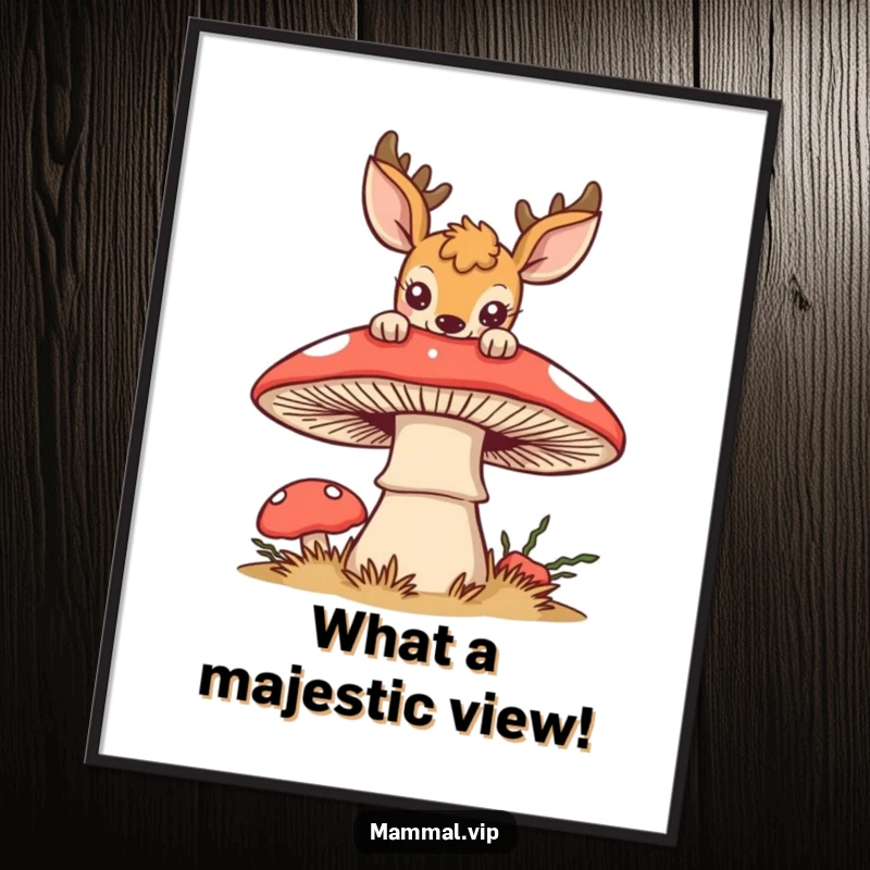 Funny Free Printable Wall Art: A curious deer playfully peering over a giant, stylized mushroom, adding whimsical charm to your decor.