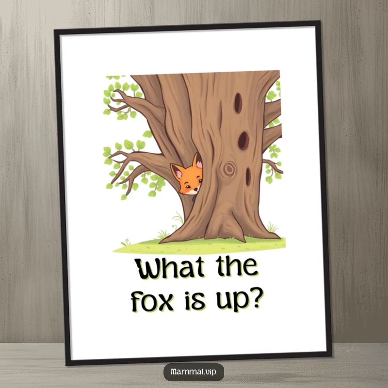 Funny Free Printable Fox Wall Art: A curious fox kit peeks from behind an oak tree, adding playful mystery to your decor.