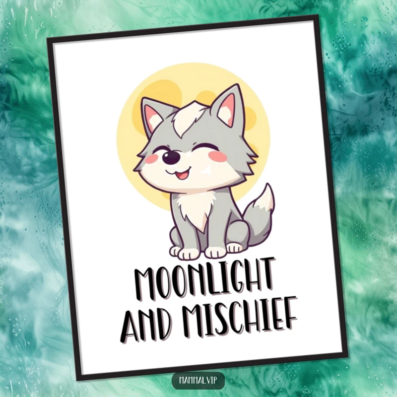 Funny Free Printable Wall Art: A winking wolf howling energetically at a bright, luminous full moon.