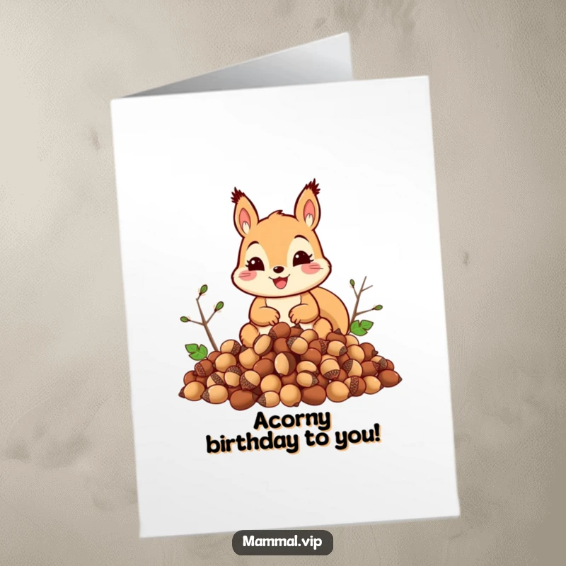 Funny Free Printable Birthday Card featuring a squirrel hoarding acorns, ready to celebrate your special day with nutty wishes.