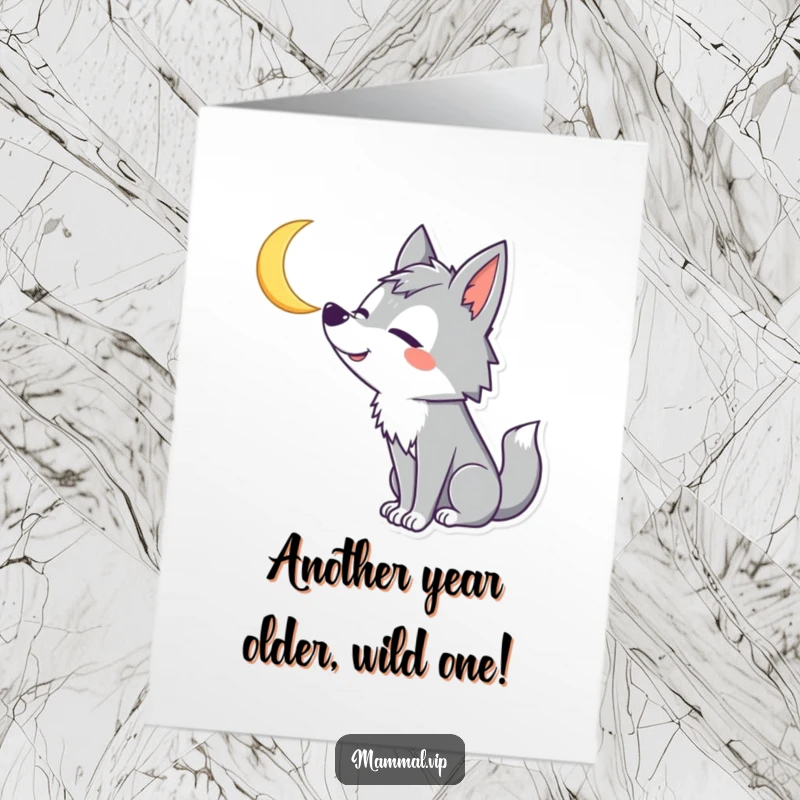 Funny free printable birthday card featuring a silly wolf howling at the moon with a goofy, wide smile.