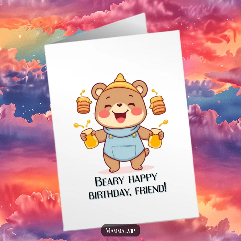Funny free printable birthday card featuring a joyful bear character happily juggling honey pots, sweet celebration.