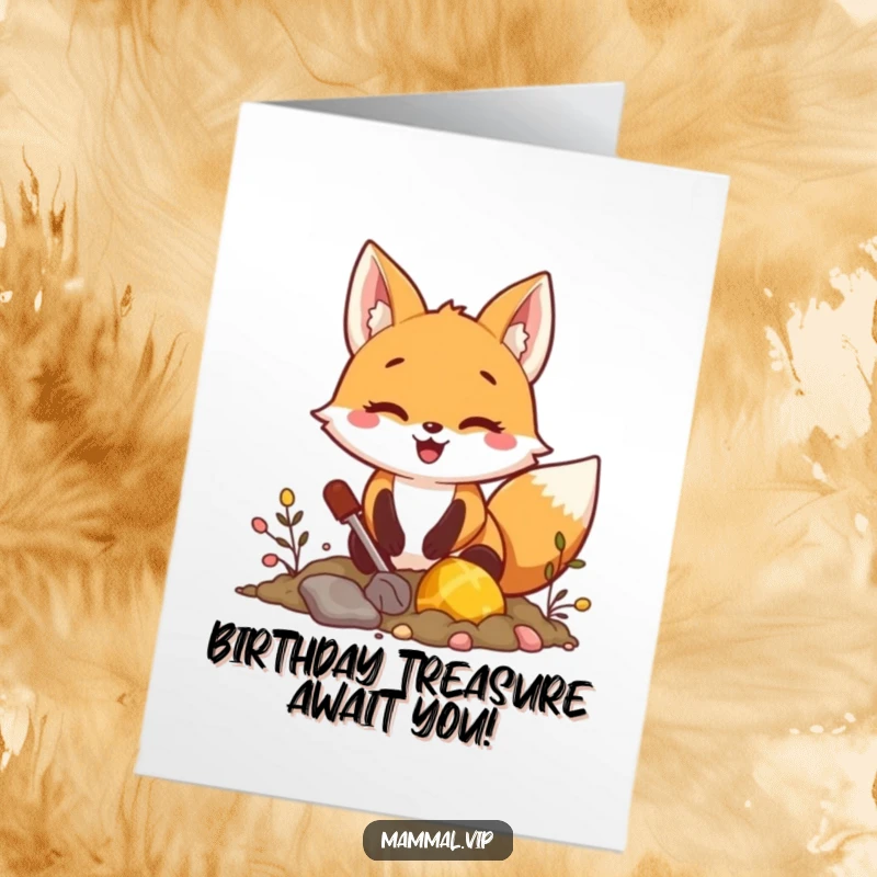 Funny Free Printable Birthday Card: Happy fox character excitedly digging, unearthing a pile of glittering treasure, a birthday surprise.