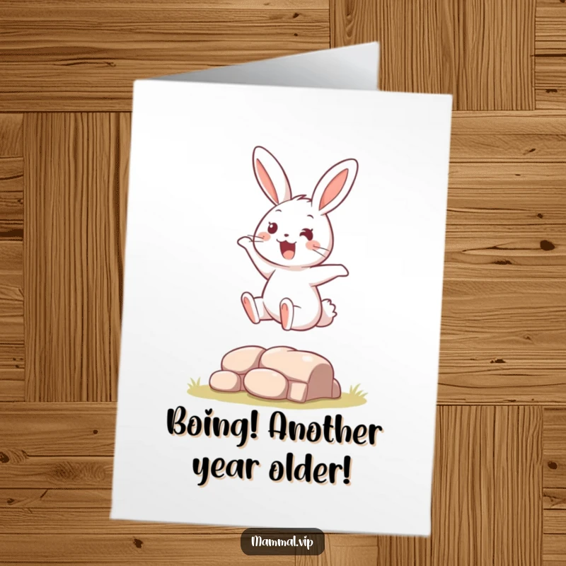 Funny Free Printable Birthday Card: Energetic rabbit mid-air, soaring over a tiny hurdle with pure excitement.