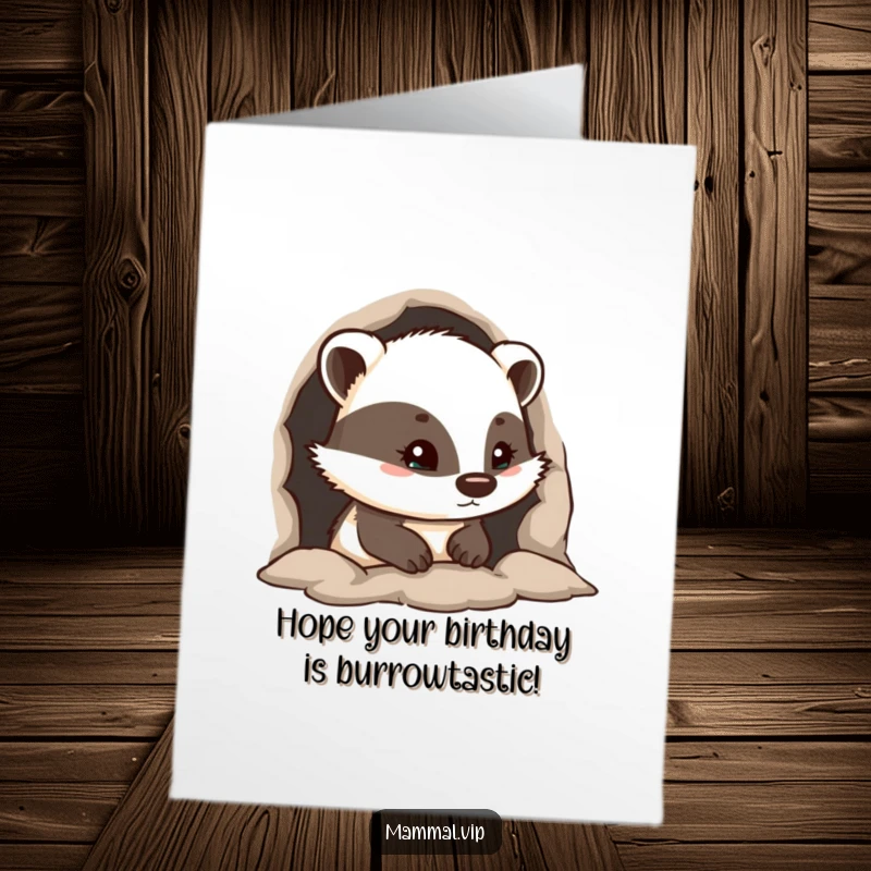 Funny Free Printable Birthday Card: A curious badger cautiously peeks from the entrance of its cozy burrow.