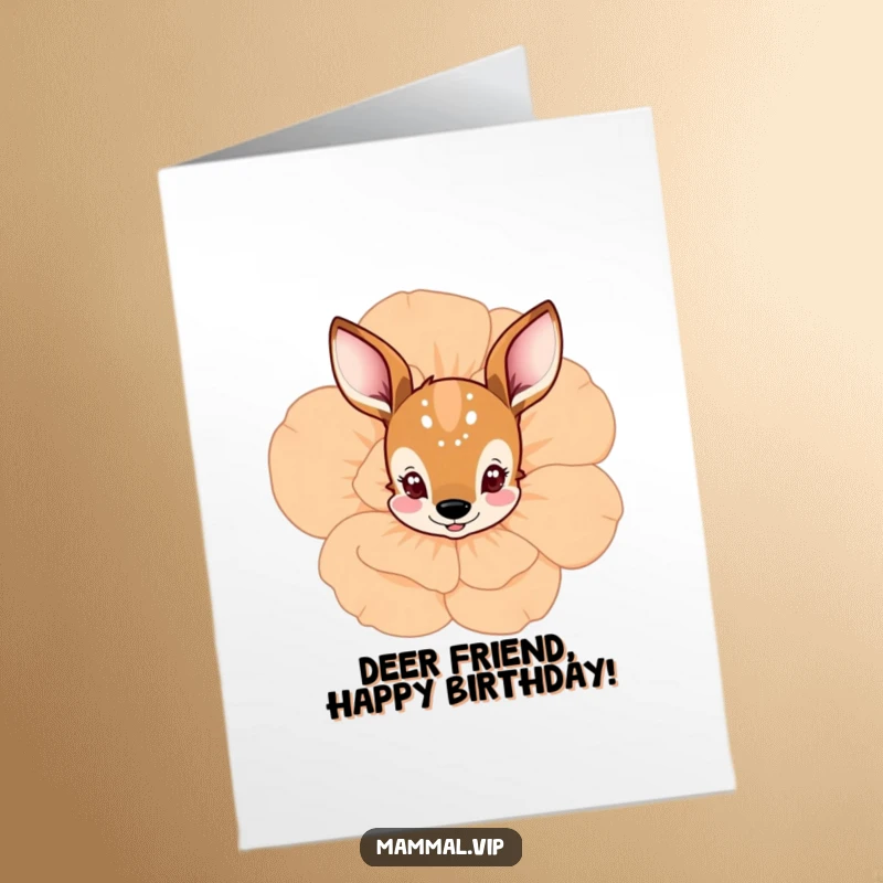 Free Printable Birthday Card: Curious deer peeking from behind a large, vibrant blooming flower, a sweet and gentle surprise.