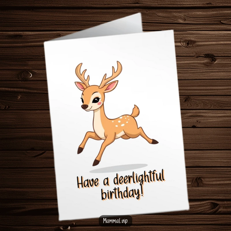 Elegant Free Printable Birthday Card: A happy deer character gracefully prancing with high leaps, embodying joy and celebration.