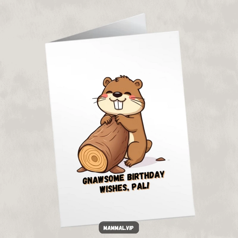 Funny Free Printable Birthday Card: Happy beaver enthusiastically chewing a giant log, ready to spread birthday cheer.