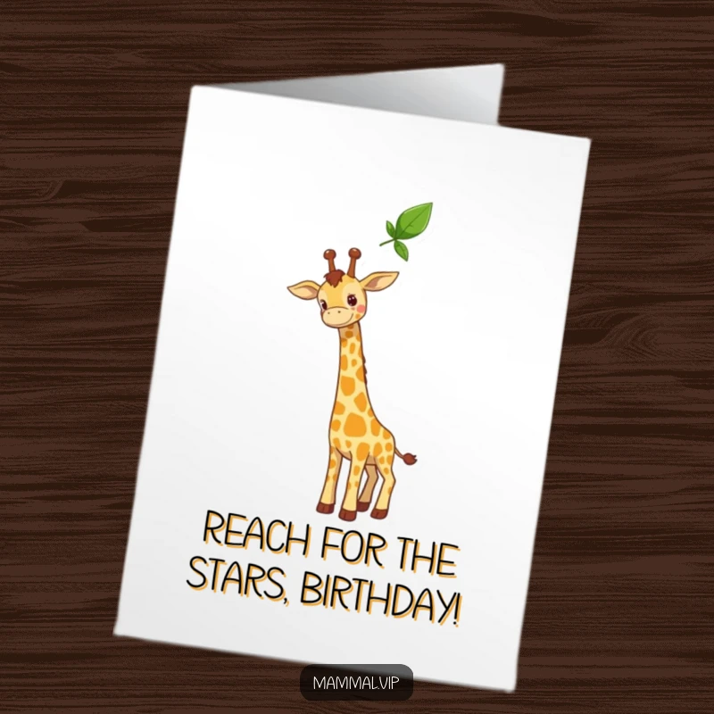 Free Printable Birthday Card: A curious giraffe stretching its long neck high, aiming for a delicious leaf, symbolizing reaching goals.