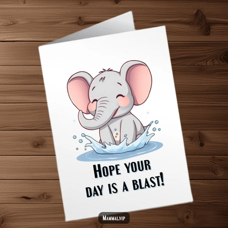Funny Free Printable Birthday Card: Joyful elephant gleefully splashing water with its trunk, spreading watery cheer and birthday wishes.