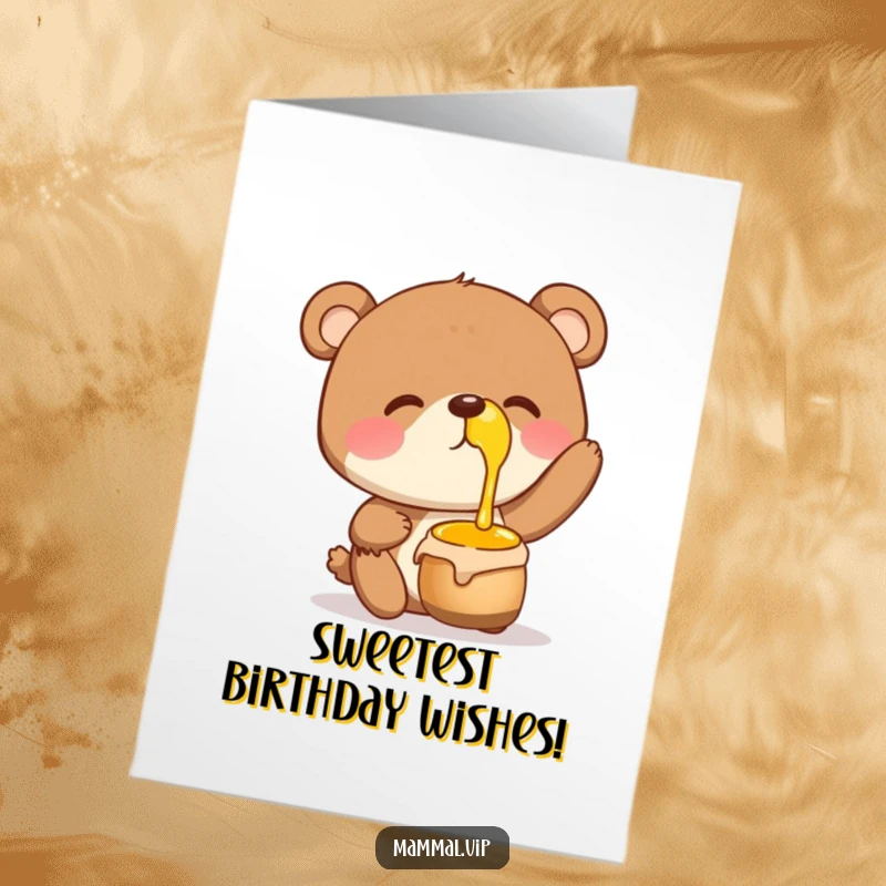 Funny Free Printable Birthday Card: Giggling bear comically balancing a pot of honey on its nose.