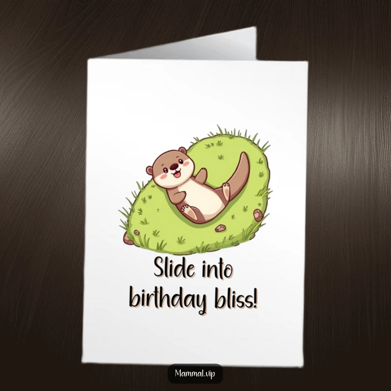 Funny Free Printable Birthday Card: Cheerful otter character gleefully sliding down a lush green grassy hill.