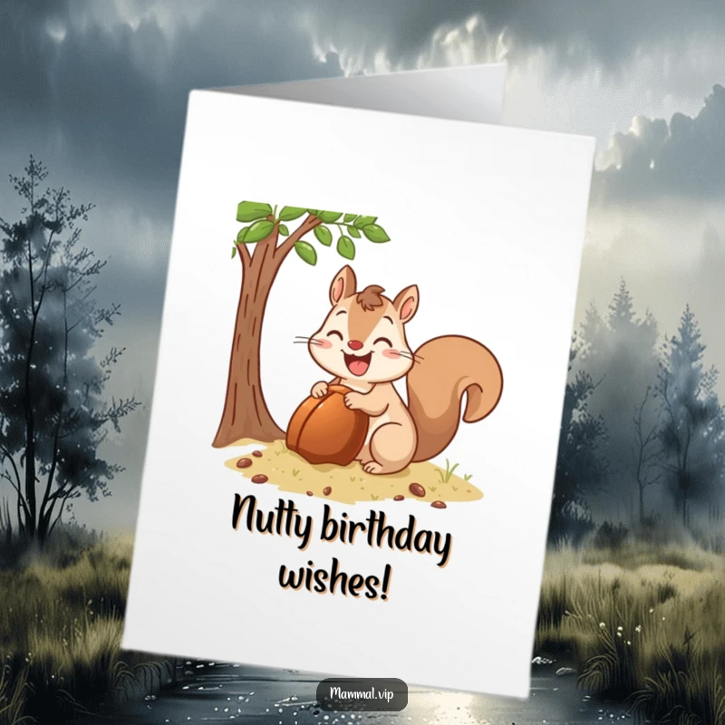 Funny Free Printable Birthday Card: Happy squirrel enthusiastically burying a comically large acorn.