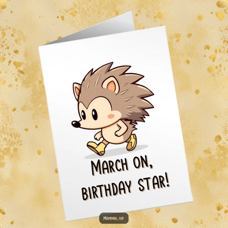 Funny Free Printable Birthday Card: Determined hedgehog character marching forward confidently in tiny boots.