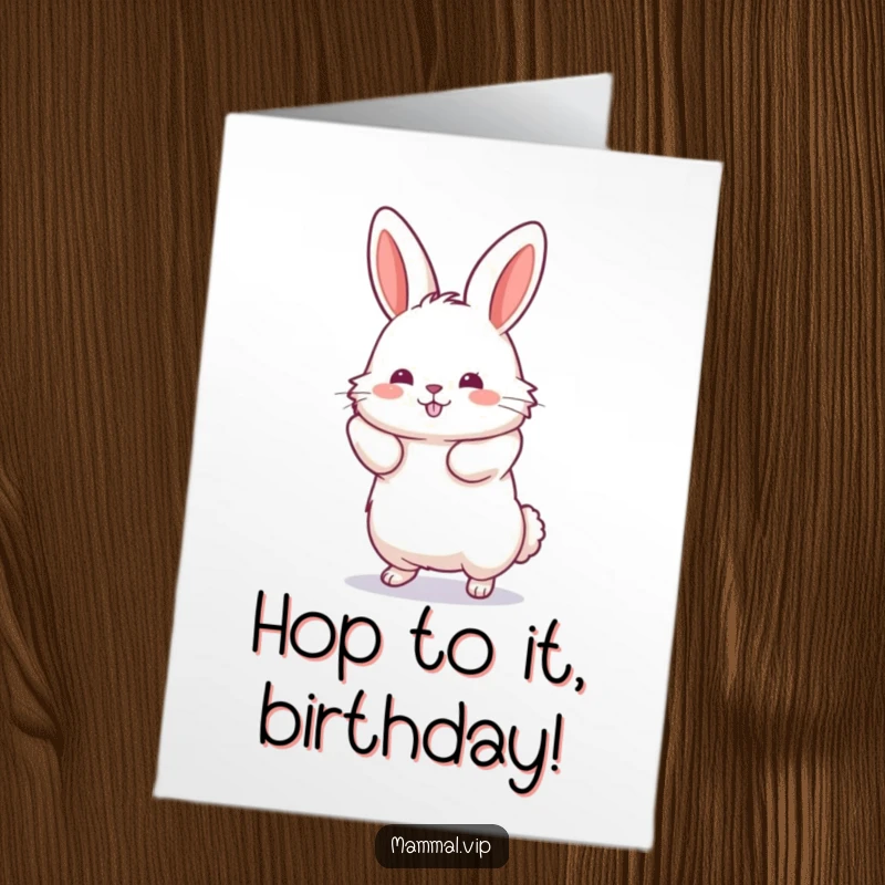 Funny Free Printable Birthday Card: A fluffy rabbit with hind legs stretched, mid-leap, ready to deliver birthday wishes.