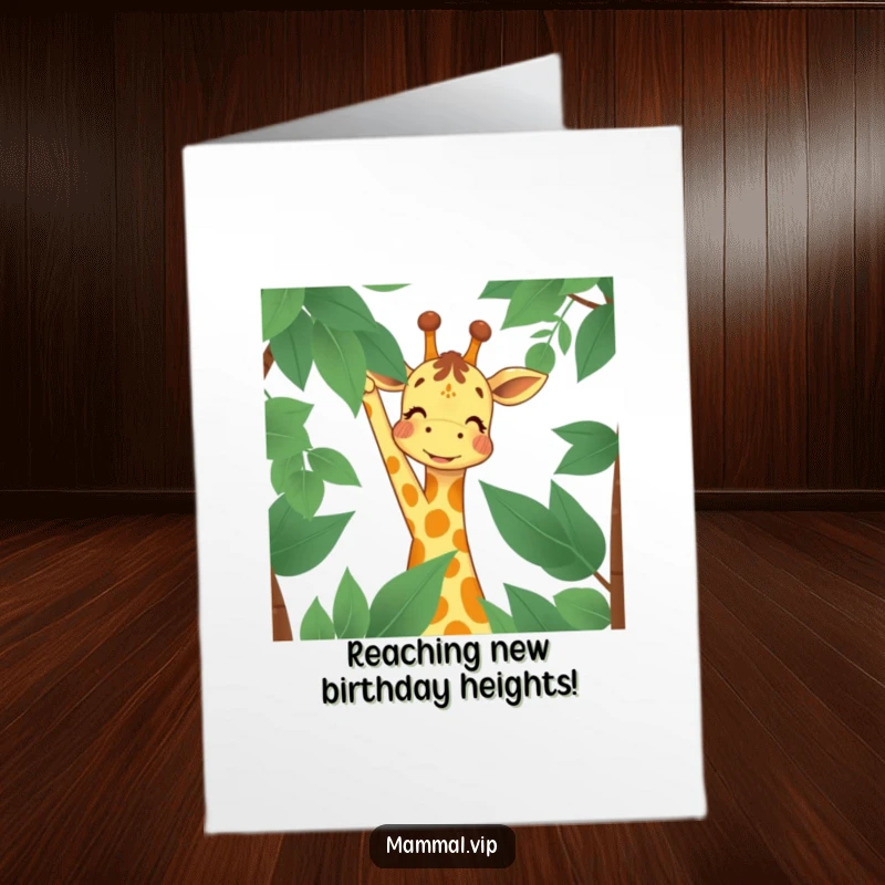 Funny free printable birthday card: Joyful giraffe character smiling while reaching for high leaves.
