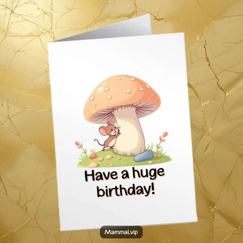 Funny Free Printable Birthday Card: A tiny mouse character excitedly exploring a giant mushroom with wide-eyed wonder.