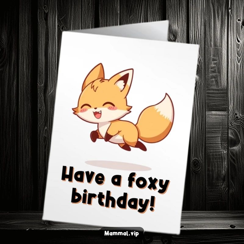 Funny free printable birthday card of a playful fox character gleefully chasing its own tail, cartoon fun.