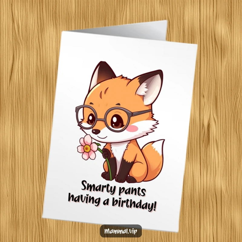 Funny Free Printable Birthday Card: A curious fox in spectacles intently examines a bright flower, a clever downloadable gift.