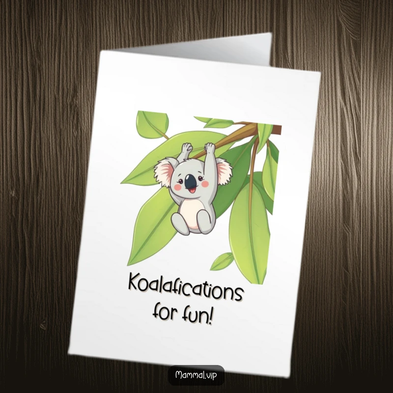 Funny Free Printable Koala Birthday Card, a cheerful koala hanging upside down from a huge green eucalyptus leaf, wishing happy birthday.