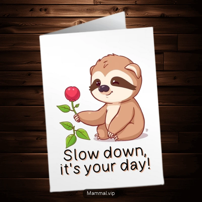 Funny Free Printable Sloth Birthday Card, a smiling sloth character slowly reaching towards a distant, tantalizing berry.
