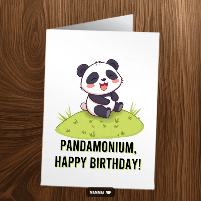 Funny Free Printable Birthday Card: Giggling panda tumbling down a green hill, pure joy and laughter.
