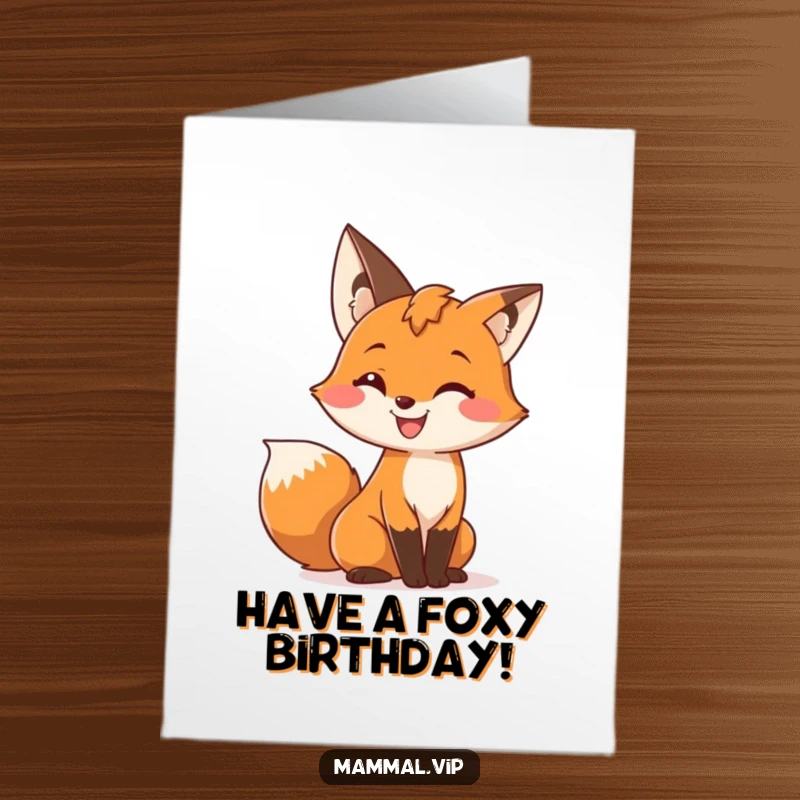 Funny Free Printable Birthday Card: A cute fox character with a wide grin enthusiastically wiggles its bushy tail.