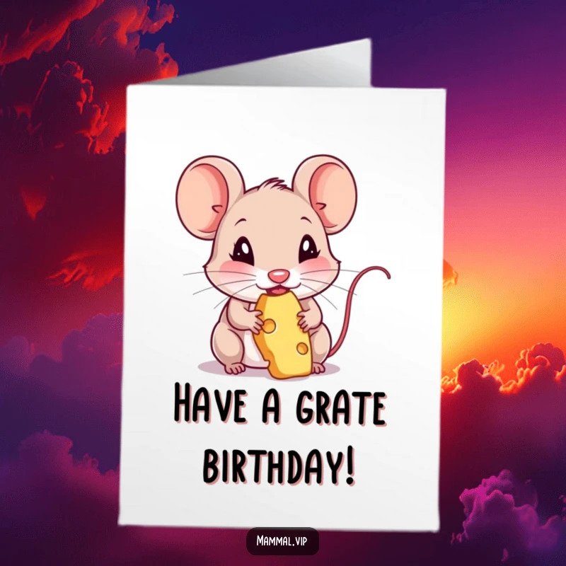 Funny Free Printable Birthday Card: A cute mouse character happily nibbling on a large piece of cheese.